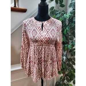 Serene Bohemian Flowy White & Maroon Round Neck Long Sleeve Top Blouse Size S